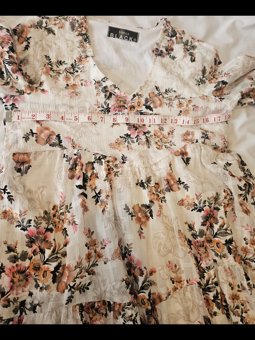 Femella Black - Cream Floral V-Neck Dress with Pink & Orange Blooms Medium Size - Picture 12 of 15